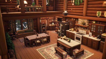 Cozy log cabin with a kitchen and dining area.
