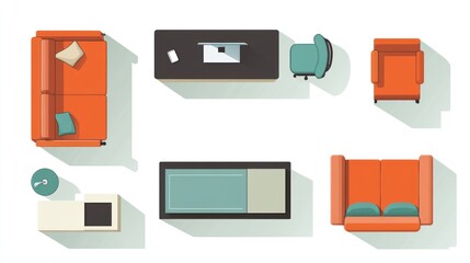 Cartoon top down view of an office and living room