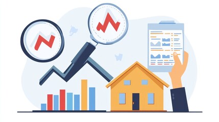Real estate market analysis with a magnifying glass and charts