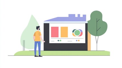 Person looking at charts displayed on a building facade