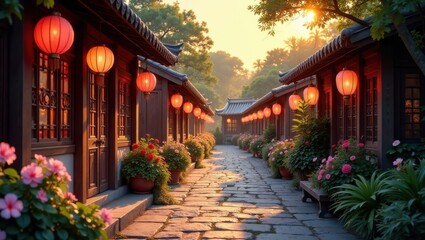 Fototapeta premium Serene Sunset Path Illuminated by Hanging Lanterns in a Traditional Architectural Setting