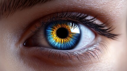 Obraz premium Close-up of a vivid eye with striking blue and orange colors, showcasing intricate details.