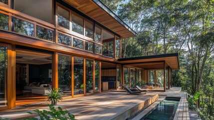 Modern eco-friendly house with wooden exterior and large windows.