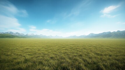 Obraz premium Vast grassy field meets a clear sky and distant mountains