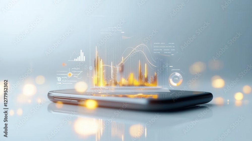 Poster digital financial analytics and visualization on mobile device screen with data charts and infograph