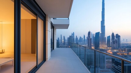 Obraz premium Sleek outdoor terrace with panoramic city skyline views, high-end architecture