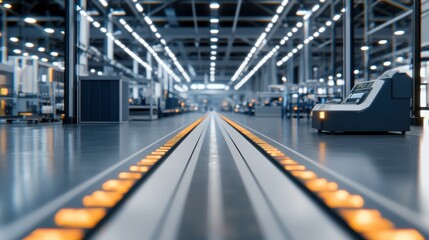 Fototapeta premium Industrial Production Line with Conveyor Belt in Modern Factory Setting