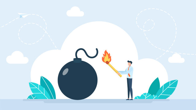Hand hold matches and set fire to bomb concept. Emotional stress, anger and impulsive emotions, holding a burning match in hand to light the bomb. Vector illustration