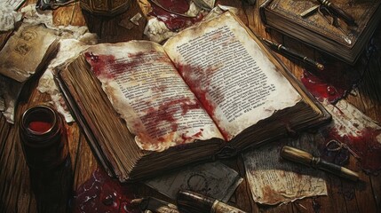 Open book splattered with blood sits among other artifacts