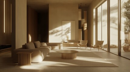 Modern Living Room with Large Windows and Soft Light  in Beige Tones and Wood