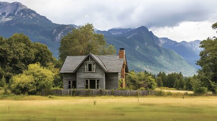 Obraz premium Nestled amidst rolling meadows and towering mountains, a charming cottage stands, its walls adorned with weather-beaten wood.