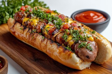 Gourmet Sausage Sandwich with Fresh Herbs and Melted Cheese on Rustic Wooden Board Delicious Food Photography