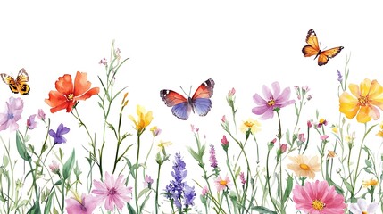 Watercolor Wildflower Meadow with Butterflies