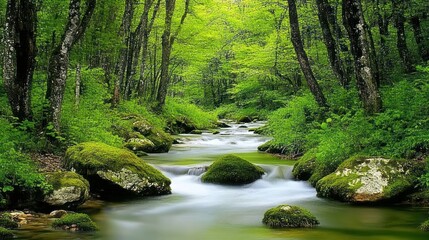 Obraz premium Scenic flowing river cascades peacefully through a lush green forest