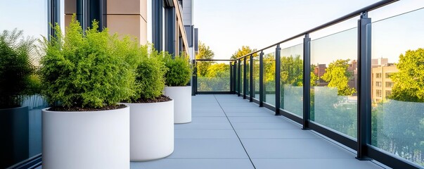 Fototapeta premium Sleek rooftop garden with glass railings and elegant outdoor planters
