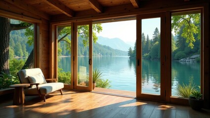 Peaceful Lakeside Cabin Retreat with Expansive Glass Doors Offering Uninterrupted Views of Serene Water and Majestic Mountains