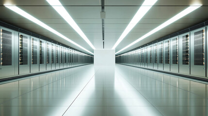 Naklejka premium Exploring the heart of modern technology in a high-tech data center with gleaming server rows and seamless digital security