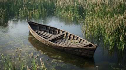 Obraz premium Decaying wooden rowboat sits peacefully in calm overgrown water