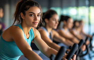 Fototapeta premium Group exercise class promoting cardiovascular health improvement; personalized healthcare plans address individual mental resilience. 