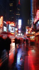Fototapeta premium prompt A bustling city street at night illuminated by neon signs and car headlights reflecting off the wet pavement. Pedestrians walk along the side 1