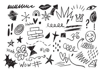 Obraz premium Crayon, pencil childish kid doodle line style with shapes. Random silhouette texture scribble element.