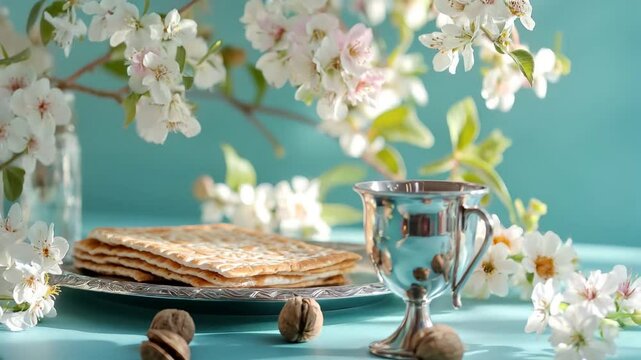 A fresh and airy arrangement of matzo on a silver platter, surrounded by white blossoms and a silver goblet, set against a soft turquoise background.