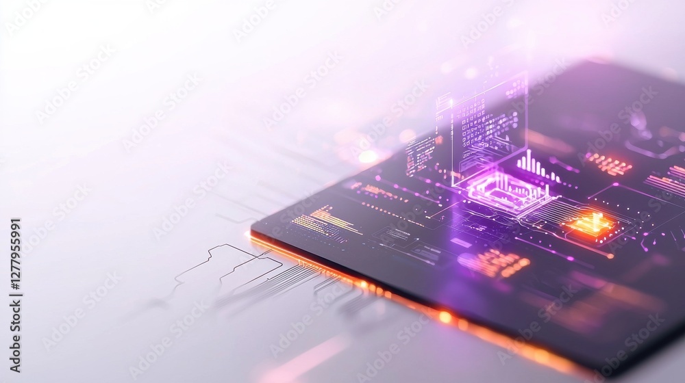 Poster illuminated circuit board with glowing technological components and patterns