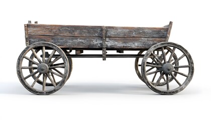 Fototapeta premium Antique wooden wagon with four wheels isolated on white