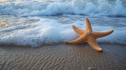 A starfish resting on wet sand as waves gently touch the shore.