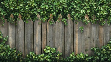 Aged wooden fence partially covered by vibrant green vegetation