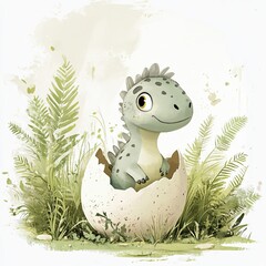 Naklejka premium Cute dinosaur hatching from egg surrounded by green plants in a whimsical, colorful illustration