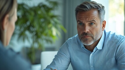 Naklejka premium Man attentively listens to a colleague during a meeting