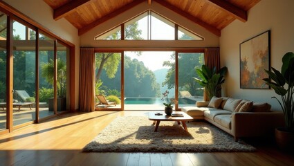 Fototapeta premium Serene Indoor Living Space with Expansive Views of a Tranquil Pool and Lush Greenery, Bathed in Warm Sunlight