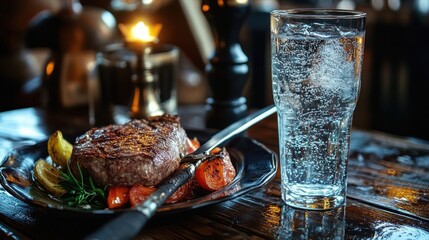 Grilled Steak Dinner with Roasted Vegetables and Sparkling Water