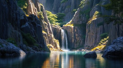 Waterfall plunges into turquoise lake surrounded by rocky cliffs