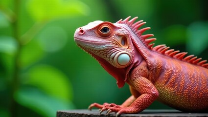 Fototapeta premium A vibrant red iguana basks in the lush greenery, its scales shimmering under the soft light, a captivating portrait of exotic reptile beauty.