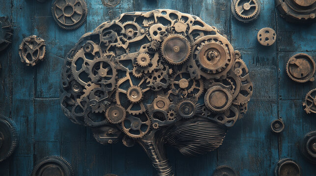 Intricate steampunk mechanical brain made of gears and cogs on a textured blue background


