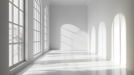 Fototapeta premium Bright minimalist interior with large arched windows casting soft shadows on white walls and floor