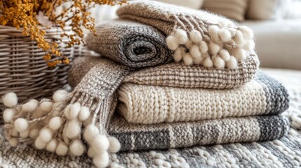Cozy Stack of Knitted Blankets in Neutral Tones