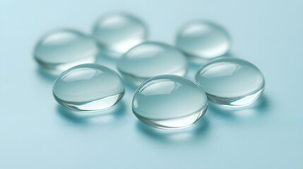 Close-Up of Transparent Water Droplets on Soft Blue Background