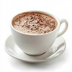 Steaming cup of hot chocolate topped with cocoa powder on a white saucer against a bright background warm drink