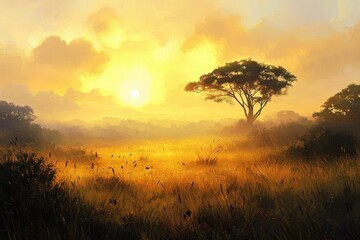 Bucolic Bliss: Early Morning Haze Over Savanna in a Romantic Misty Landscape