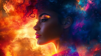 Cosmic Woman Fiery Hair Galaxy Makeup Portrait