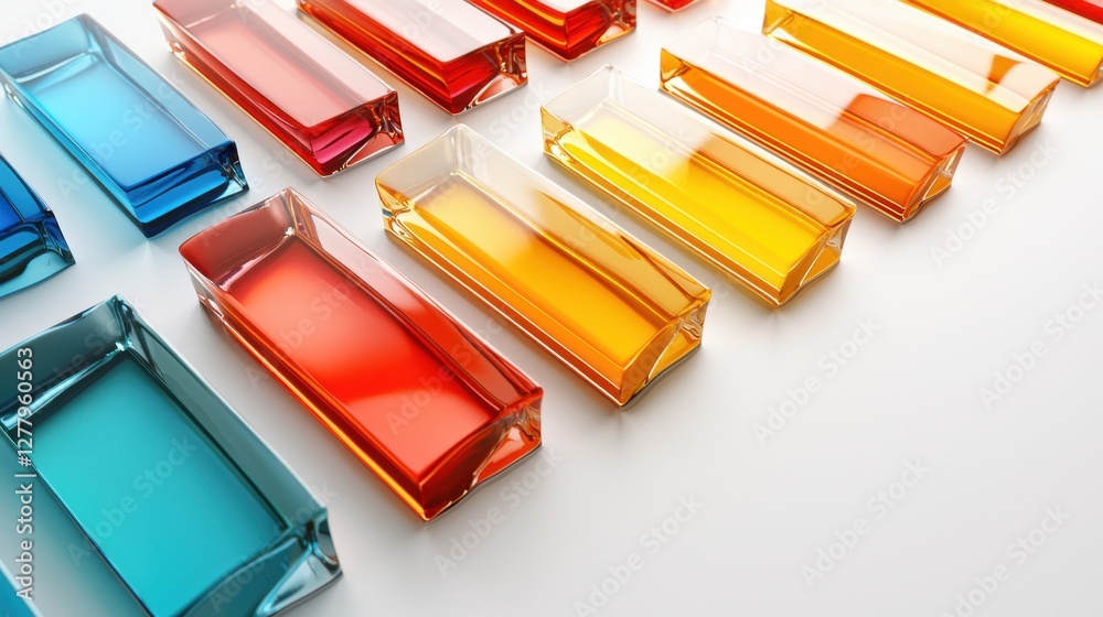 Poster vibrant geometric abstract shapes and translucent containers arranged in symmetrical pattern