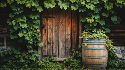 Naklejka premium Rustic wooden door embraced by lush foliage and a barrel
