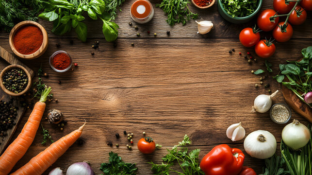 Fresh vegetables and herbs background on wooden table with spices. - Powered by Adobe