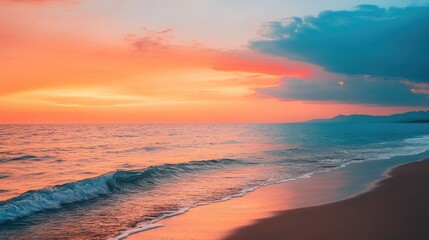 Fototapeta premium Sunset over a peaceful beach with the sky glowing in orange and pink hues.