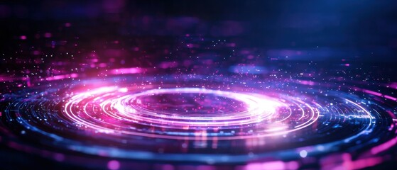 Obraz premium A vibrant, abstract representation featuring swirling lights and particles in shades of purple and blue, creating a cosmic, futuristic atmosphere.