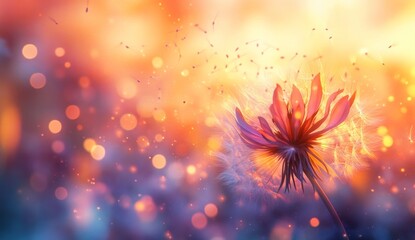 Obraz premium Sunset Dandelion Seeds Floating, Bokeh Background, Hope