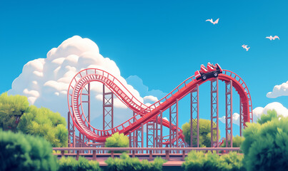 Fototapeta premium Amusement Park Roller Coaster Ride from the Side for a Thrilling and Fun View